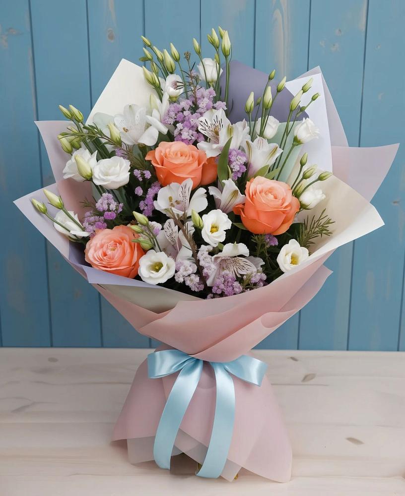 Букет цветов из: Лизиантусы, Розы, Альстромерии и Гипсофила в Лабинске